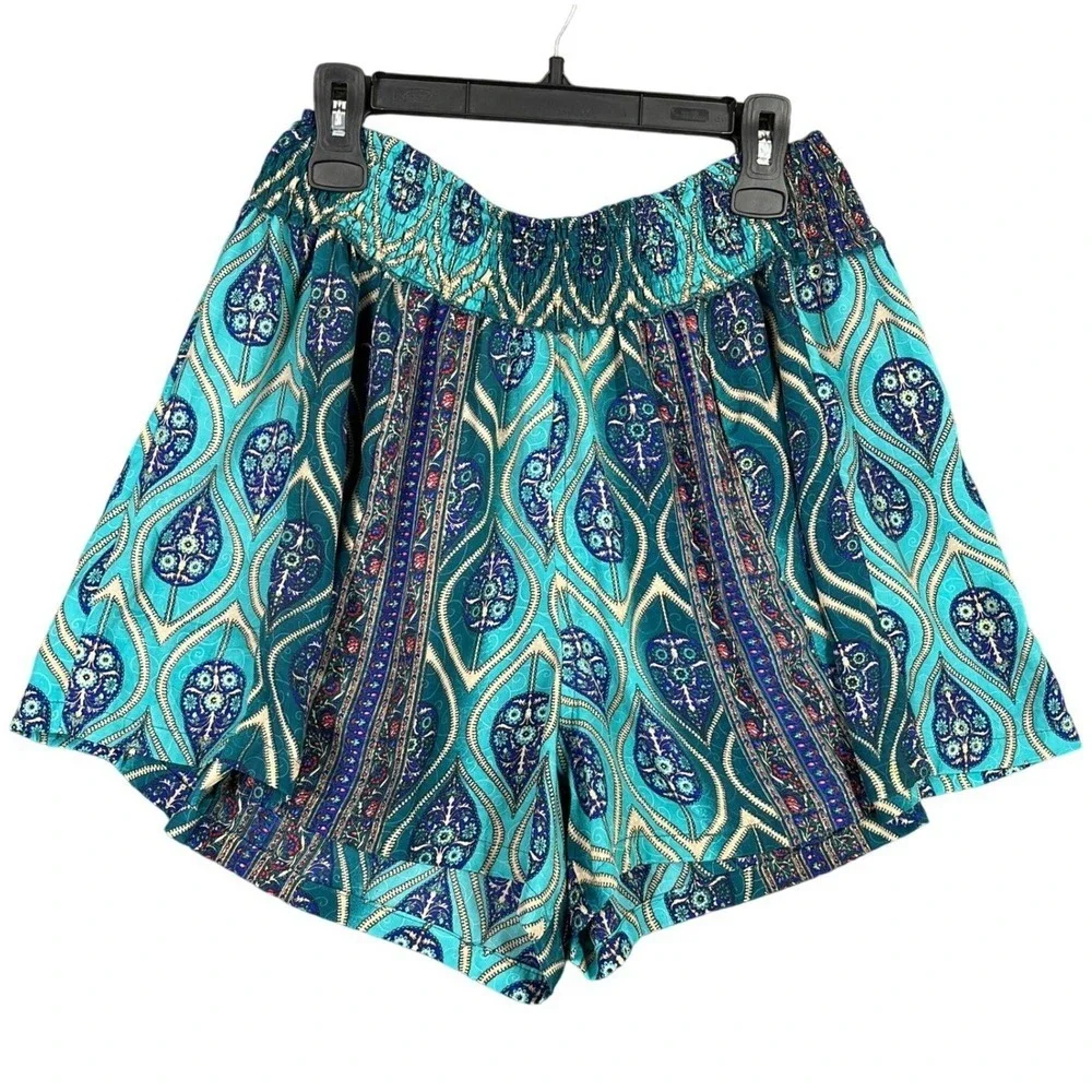Earthbound Trading Shorts Size L Teal Blue Smocked Waist Boho Festival‎ Peacock